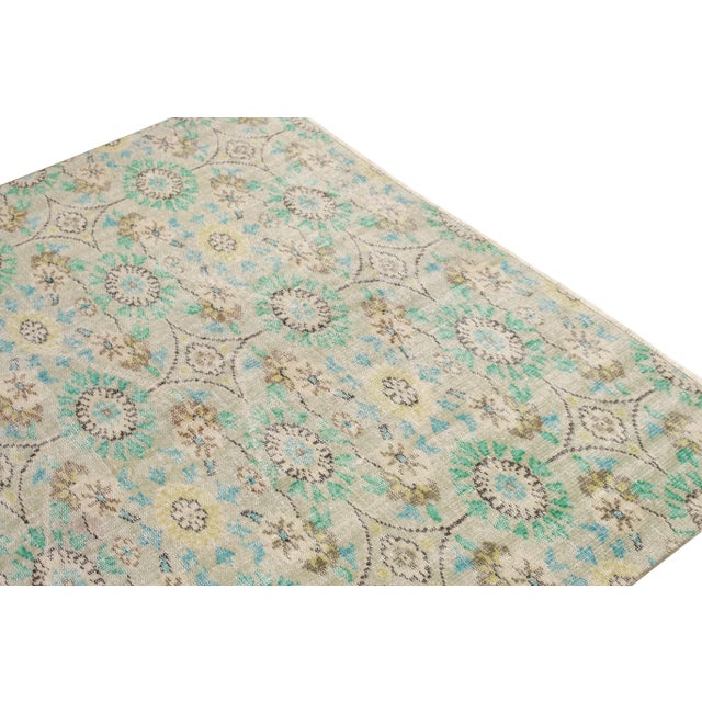 1960s Hand-Knotted Distressed Vintage Rug in Green, Beige-Brown Floral Pattern For Sale - Image 4 of 6