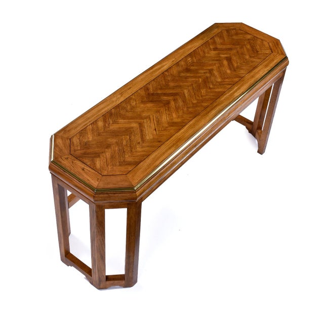 Art Deco Art Deco Inspired Herringbone Parquet Top Gold Trim Oak Console Table For Sale - Image 3 of 9