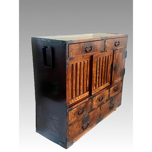 Japanese Antique Japanese Tansu Zelkova Wood Storage Cabinet, Iron Hardware, 10 Drawers (Late Meiji Period) For Sale - Image 3 of 13