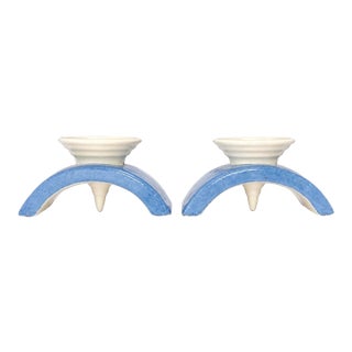 Pair of Vintage Czech Blue & Cream Ceramic Candlesticks For Sale