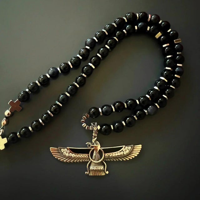 Guardian Angel Faravahar Pendant Black Tourmaline Beaded Necklace For Sale - Image 10 of 12