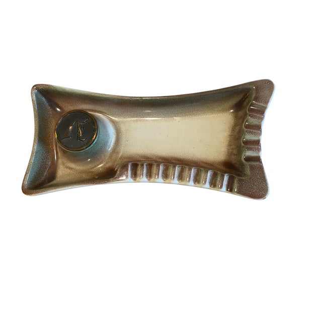 VTG Roseville Pottery made for The Hyde Park Co. Ashtray No. 1905, Brown, Monogram V 13x6.5x1.5"