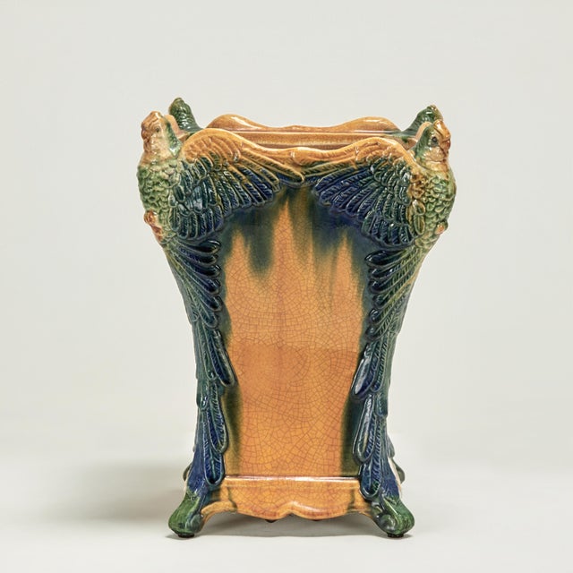 Striking 19th century glazed terra cotta vase or container hand decorated in traditional Mediterranean colors with four...