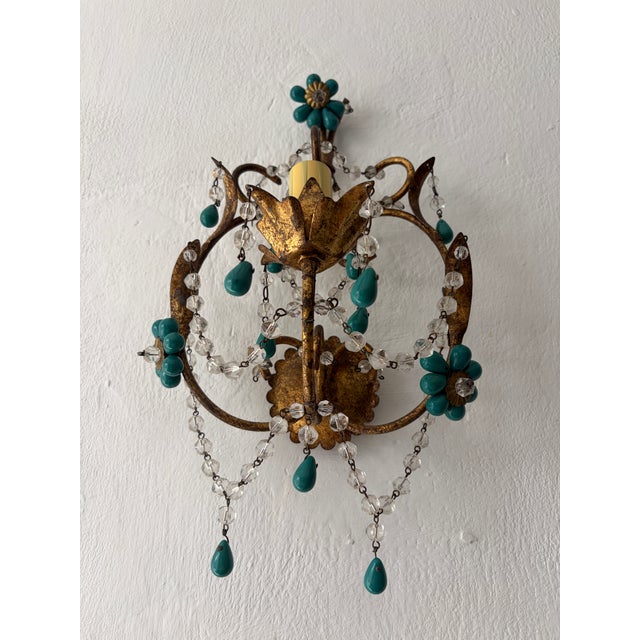 1920s French Turquoise Green Murano Beads Rock Crystal Swags Sconces For Sale - Image 5 of 7