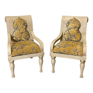 Incredible Antique Italian Painted Rollback Scroll Armchairs in Modern Upholstery - a Pair For Sale