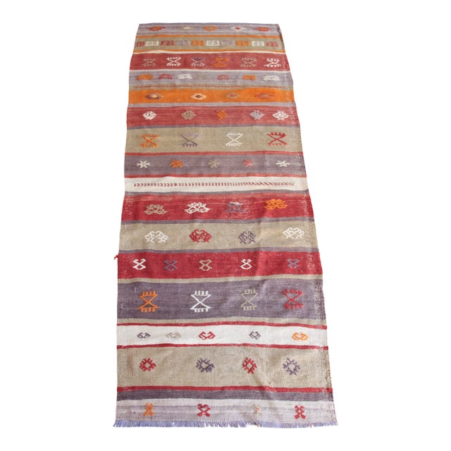 1950s Handmade Warm Color Kilim Runner - 3' 1'' X 9' 1'' For Sale