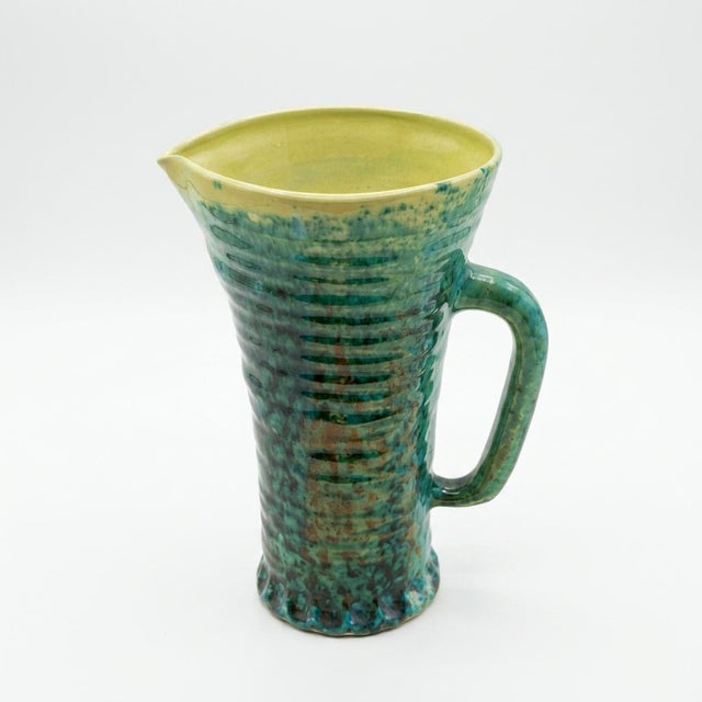 Large Glazed Ceramic Pitcher Vase by Accolay (28 cm / 11 in), Mottled Emerald Green and Sunflower Yellow Glaze (France, c....