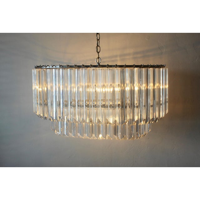 Large Lucite Triedri Two Tier Oval Chandelier with Lucite Rods Pendant in Nickel Finish Frame Vintage Hollywood Regency....