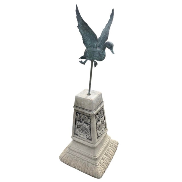 Traditional Bronze-Finished Cast Iron Flying Duck Statue on Cast Stone Pedestal For Sale - Image 3 of 12