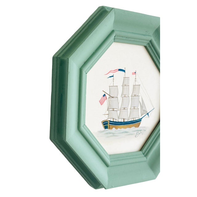 Nautical Original Hand-Painted Sailboat IPainting in a Hand-Painted Frame For Sale - Image 3 of 4