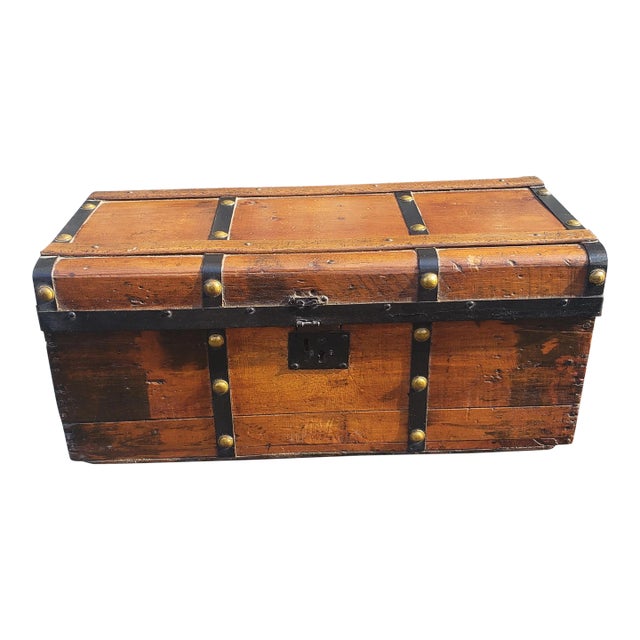 Antique Pine, Iron and Brass Map or Utility Trunk Chest For Sale