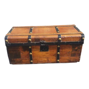 Antique Pine, Iron and Brass Map or Utility Trunk Chest