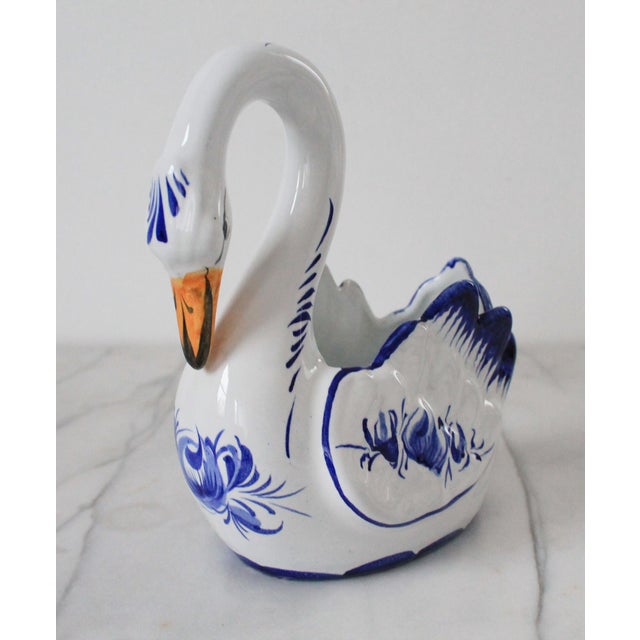 Ceramic Vintage Blue & White Hand Painted Portuguese Ceramic Swan Planter For Sale - Image 7 of 14
