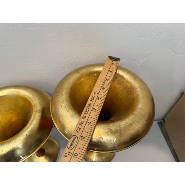 Pair of Alan Lee Collection Metallic Red & Gold Leaf Glass Trumpet Vases - Staggered Set For Sale - Image 9 of 12