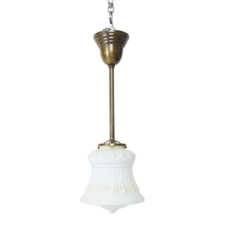 Early 20th Century Brass Pendant With Tinted White Glass Shade For Sale