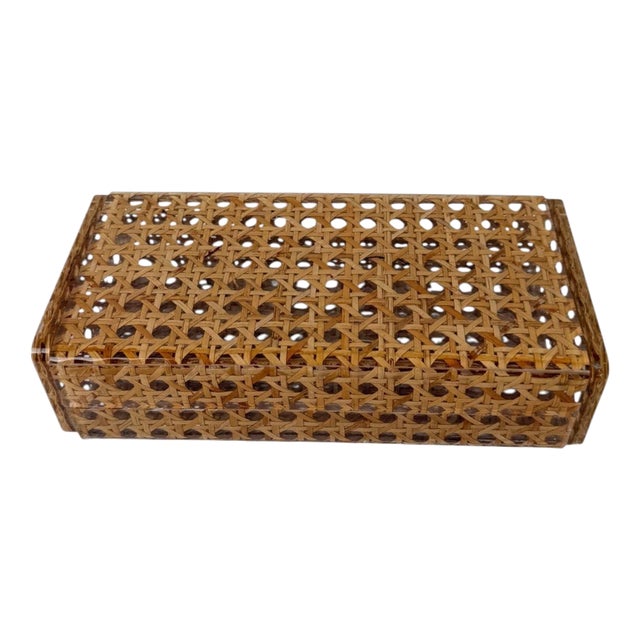 Mid-Century Rectangular Box in Acrylic Glass and Cane Webbing in the style of Dior Home, 1970s For Sale