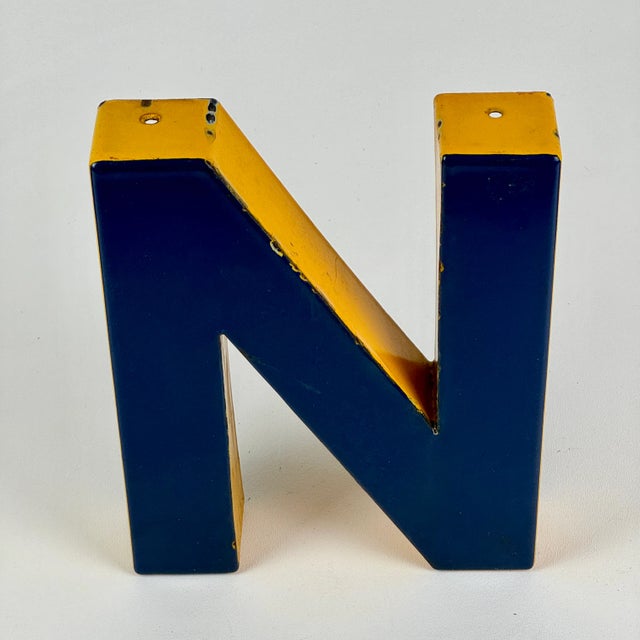 Mid-Century Modern Vintage Metal Porcelain Enamel Letter 'N' Sign in Blue & Yellow For Sale - Image 3 of 7