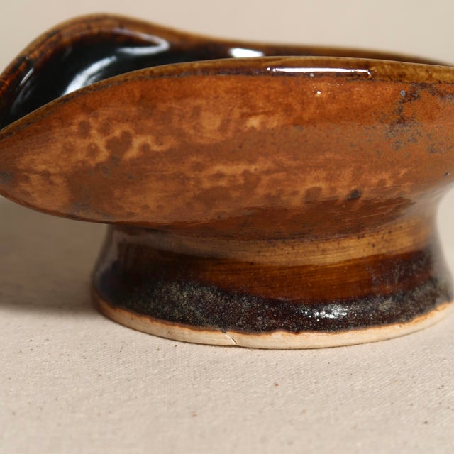 Ceramic Hand-Thrown Studio Ceramic Bowl With Undulating Rim Earthy Brown and Blue Glaze on Pedestal Foot For Sale - Image 7 of 13