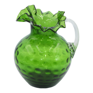 Vintage Green Coin Dot Art Glass Ruffle Top Pitcher Ribbed Handle c.1930
