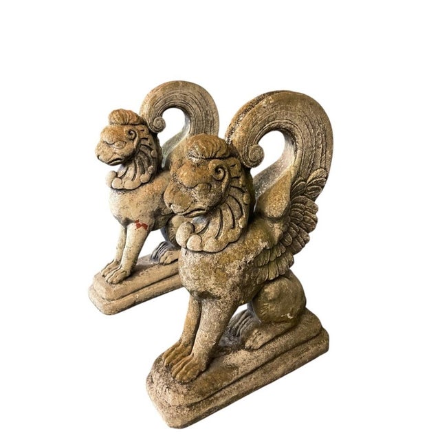 Traditional Pair of Vintage Cast Stone Winged Griffins For Sale - Image 3 of 12