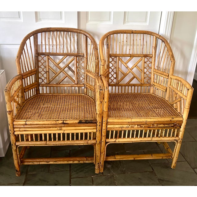 Tan Pair Vintage Brighton Pavilion Bamboo & Cane Chairs For Sale - Image 8 of 9