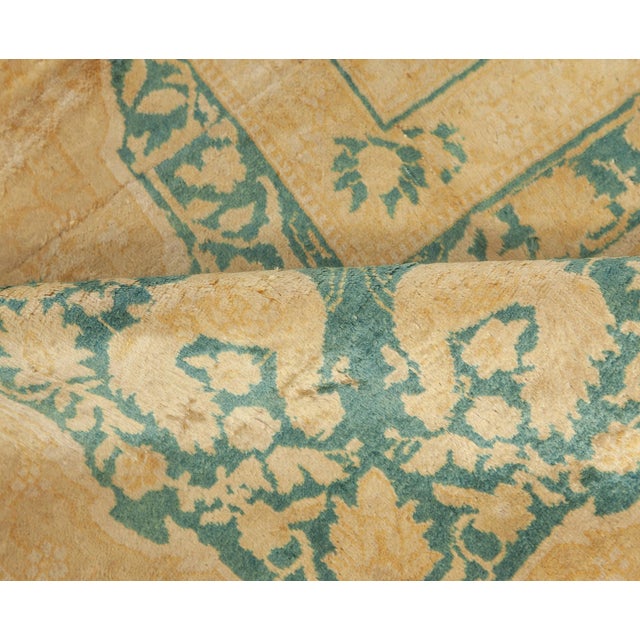 Vintage Indigo Blue, Beige Indian Handmade Wool Carpet For Sale - Image 4 of 8