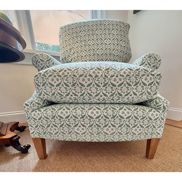 A Pair of Howard & Sons Green and White Lounge Chairs With Custom Tan Slipcovers For Sale - Image 11 of 18