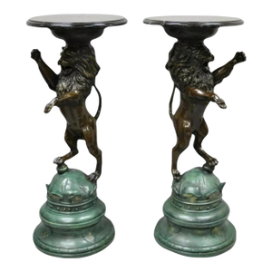 Late 20th Century Regency Style Bronze Lion Figure Marble Top Pedestal Table After P.J Mene, Pair