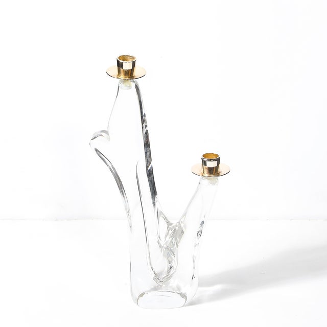 Metal Mid-Century Amorphic Crystal & Brass Two Arm Candelabra Signed Schneider For Sale - Image 7 of 10