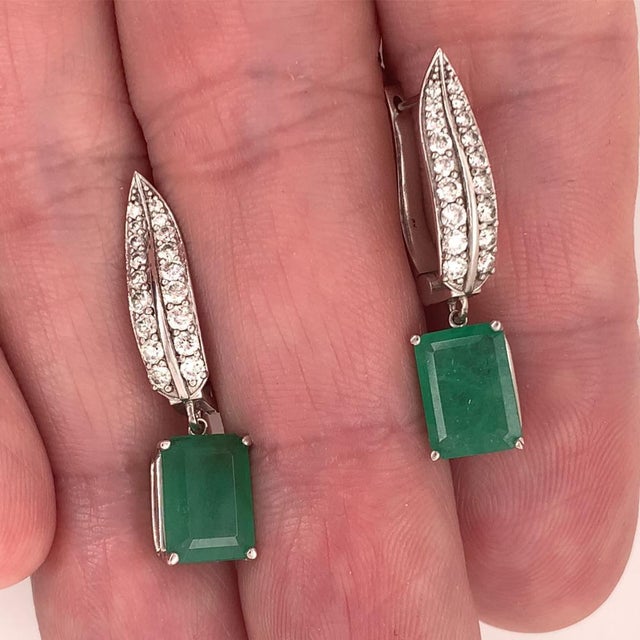 Traditional Diamond Emerald Earrings 4.74 TCW 14 Karat White Gold Certified For Sale - Image 3 of 12