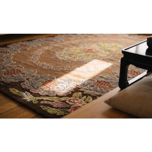 Textile 1930s Tan Camel Floral Medallion Antique American Hooked Rug 6'7" X 9'7" Handknotted Wool Carpet For Sale - Image 7 of 9