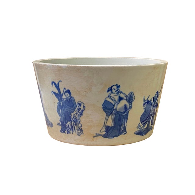 Asian Vintage Finish Off White Blue Immortal Graphic Porcelain Round Pot Planter For Sale - Image 3 of 8