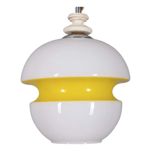 Vintage White and Yellow Glass Pendant, Italy, 1970s For Sale