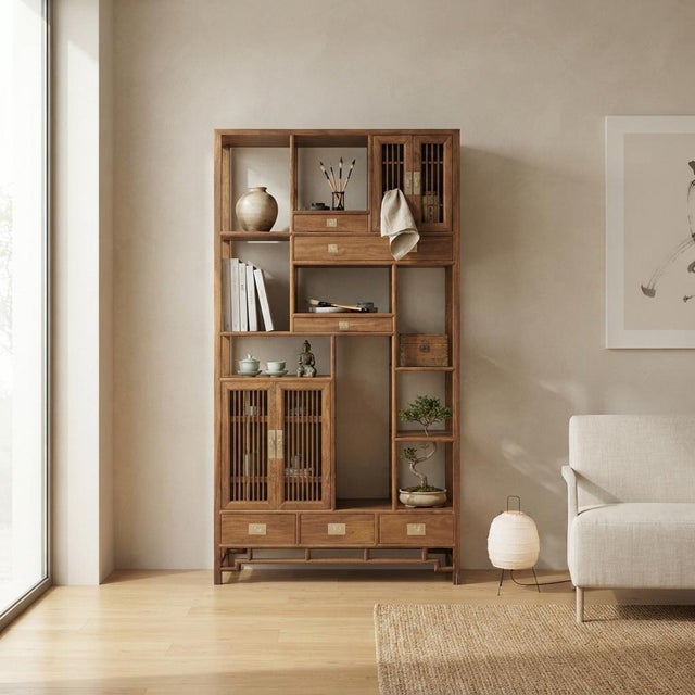 Asian Asian Inspired Asymmetrical Light Brown Shelving Display Cabinet Divider For Sale - Image 3 of 10