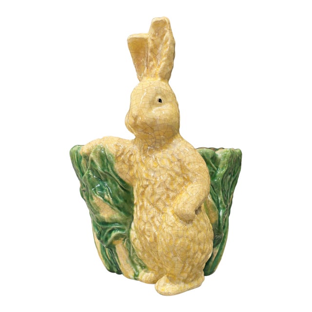 Vintage Majolica-Style Easter Bunny With Cabbage – Green & Cream Crackle Glazed Ceramic Rabbit, Cottage Garden Decor For Sale