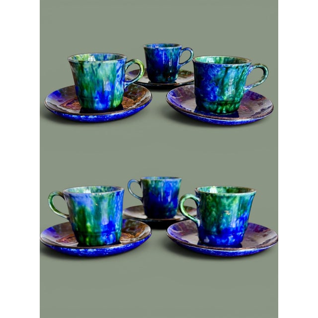Ceramic 1950s Mid Century Modern Stangl Mediterranean Art Pottery Blue Green Coffee Cups Saucers - Set of 3 For Sale - Image 7 of 11