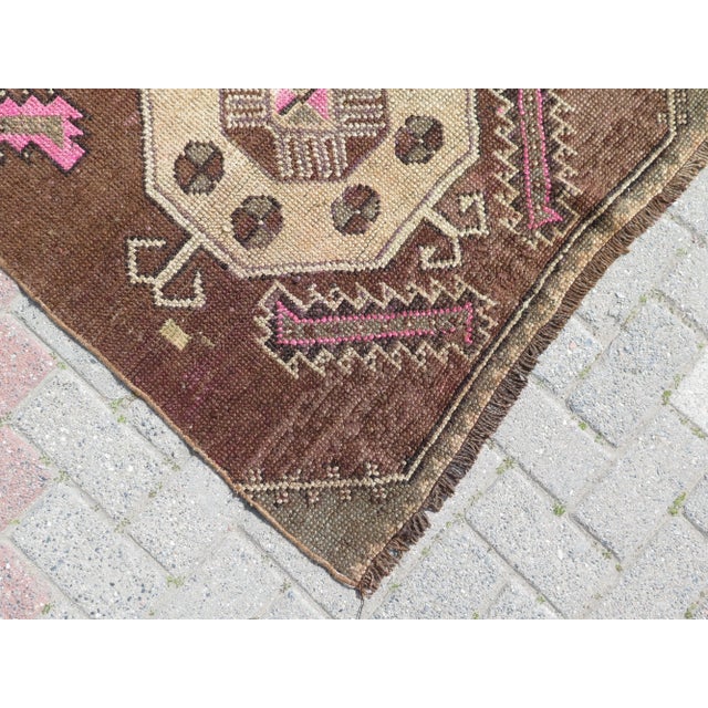 Brown 60s Geometric Design Turkish Kars Carpet Runner Rug For Sale - Image 6 of 11