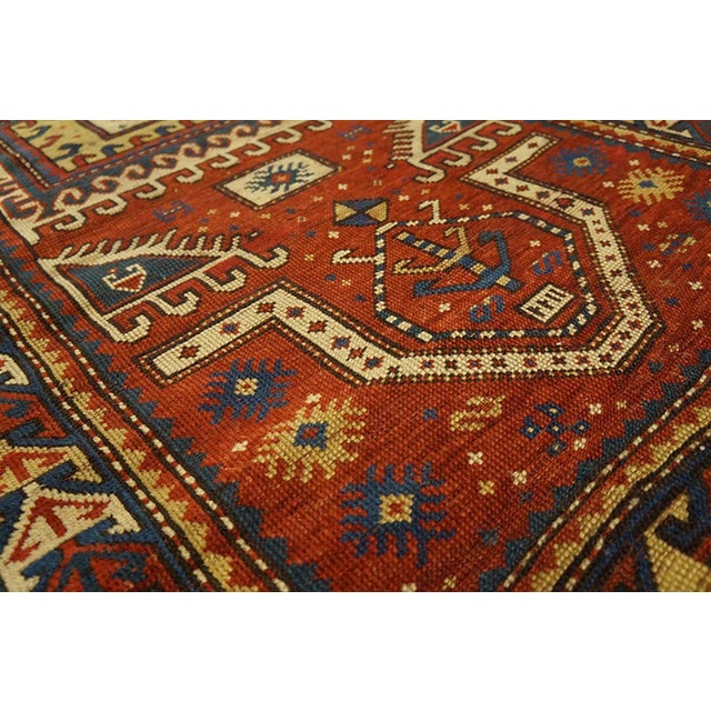 1870s Red Geometric Tribal Antique Caucasian Kazak Prayer Rug 3' X 4'9" Handknotted Wool Carpet For Sale In New York - Image 6 of 7