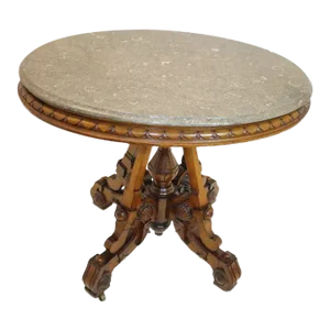 Early 19th Century Victorian Eastlake Renaissance Revival Marble Top Table With Carved Walnut Base