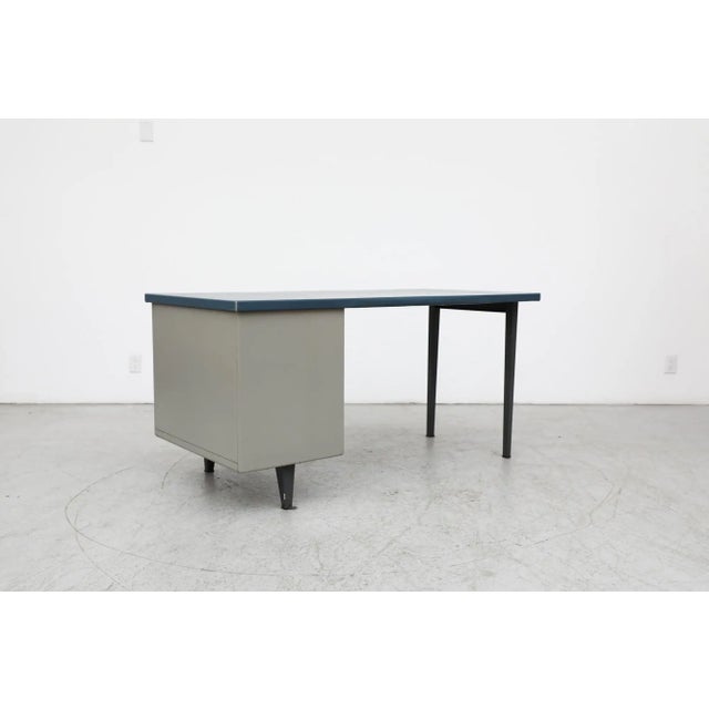 Metal Gispen Industrial "7804" Desk With Blue Drawer Fronts and Linoleum Writing Top For Sale - Image 7 of 13