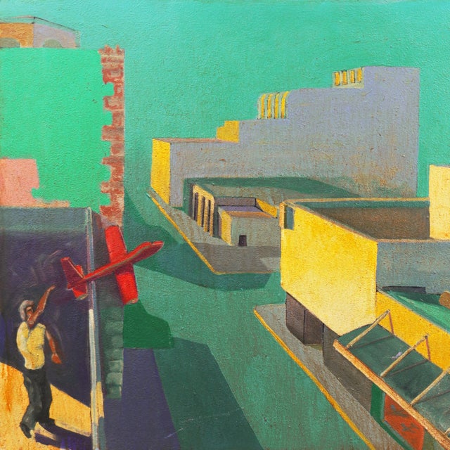 Modern 'Red Glider' by Keith Longcor, 2002; Large California Modernist Oil, Modesto Urban Landscape, Airplane For Sale - Image 3 of 10