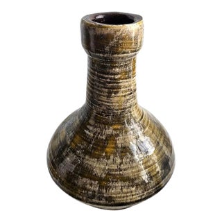 Vintage Early Mid-Century Signed Studio Pottery Vase Bottle MCM Green Yellow Glazed 7.5" Tall For Sale