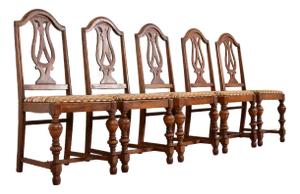 Berkey & Gay Style Antique English Jacobean Carved Walnut Dining Chairs, Set of Five