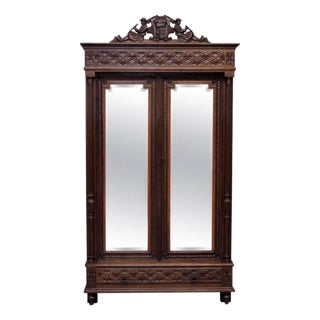 Antique French Carved Oak Breton Mirrored Armoire Linen Press For Sale