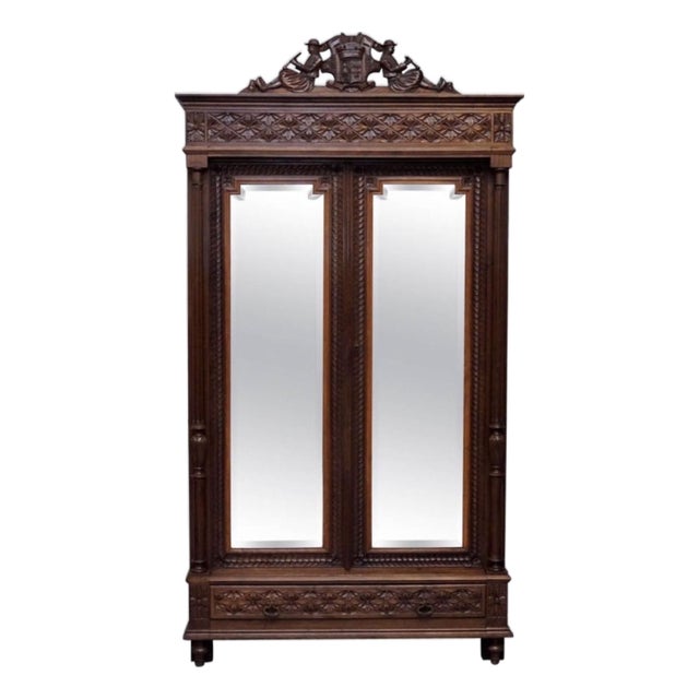 Antique French Carved Oak Breton Mirrored Armoire Linen Press For Sale
