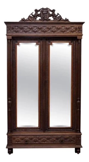 Antique French Carved Oak Breton Mirrored Armoire Linen Press
