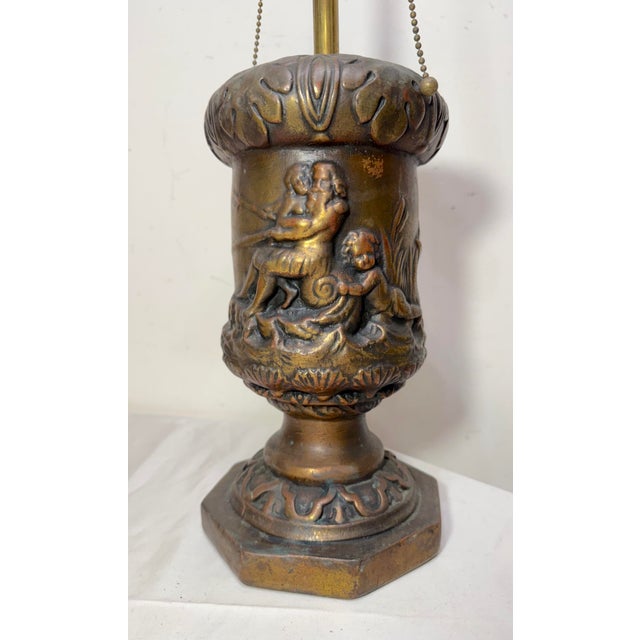 Figurative Antique Heavy Bronze Clad Figural Mythology Scene Relief Electric Table Lamp For Sale - Image 3 of 13