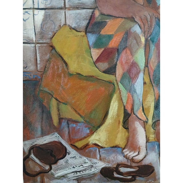 Figurative Early Carlos Bastos Oil on Board "Harlequin" New York 1948 Important Artist For Sale - Image 3 of 8