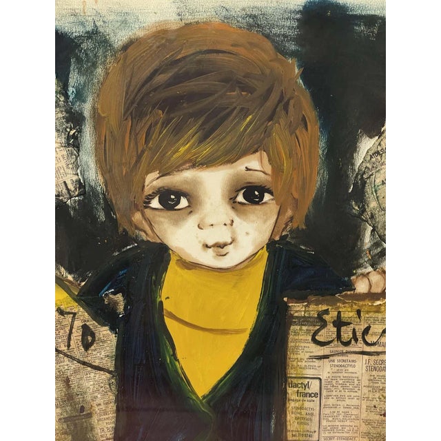 Depicting a big eyed newsboy holding a stack of newspapers, this painting has an interesting medium. It was rendered in...