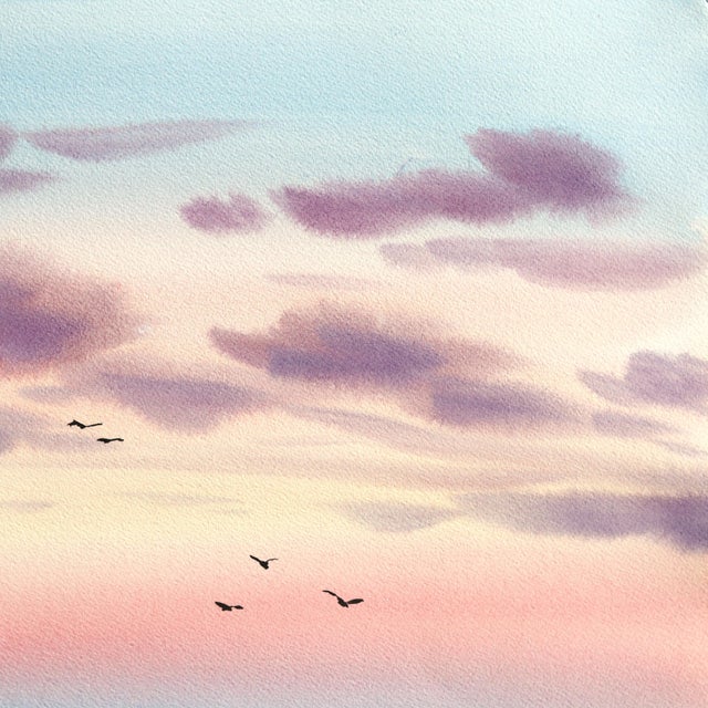Sunset on the Beach - Original Blue Pink Coastal Landscape Watercolor Painting on Paper For Sale - Image 4 of 6